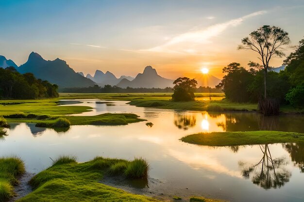 A sunset over a river with mountains in the background