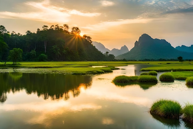 A sunset over a river with mountains in the background