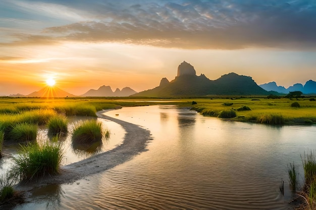 A sunset over a river with mountains in the background