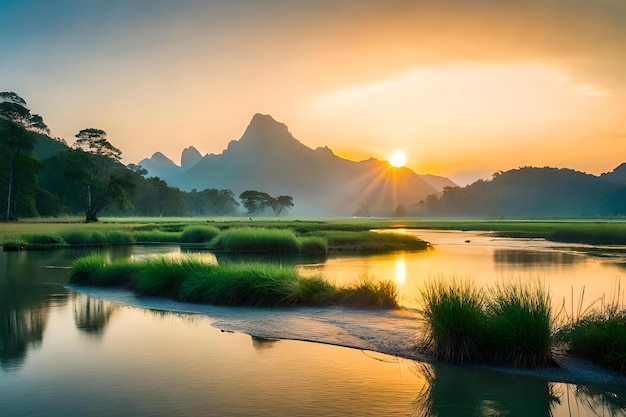 A sunset over a river with mountains in the background