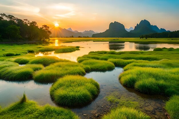 A sunset over a river with mountains in the background