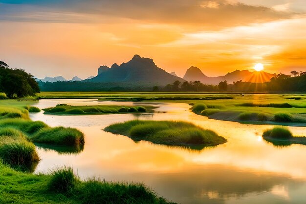 Sunset over a river with mountains in the background