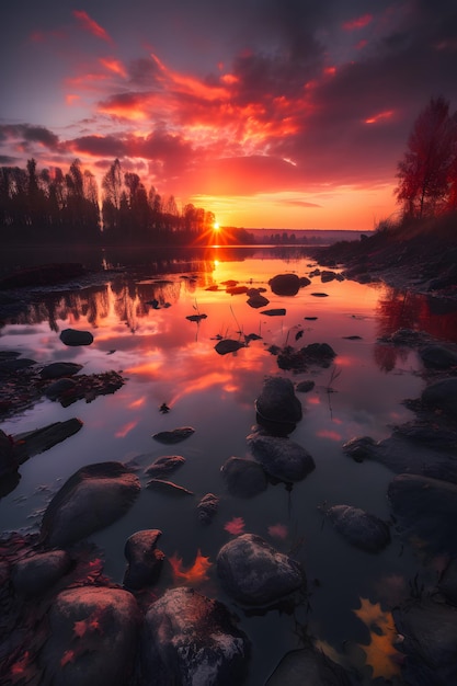 A sunset over a river with rocks and trees in the foreground.