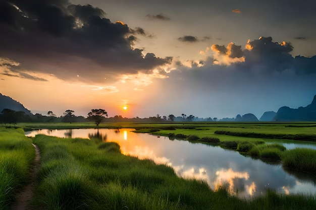 sunset over a river with a sunset