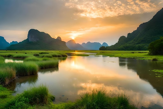 A sunset over a river