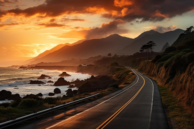 Sunset road along coastal mountains beautiful sunrise image