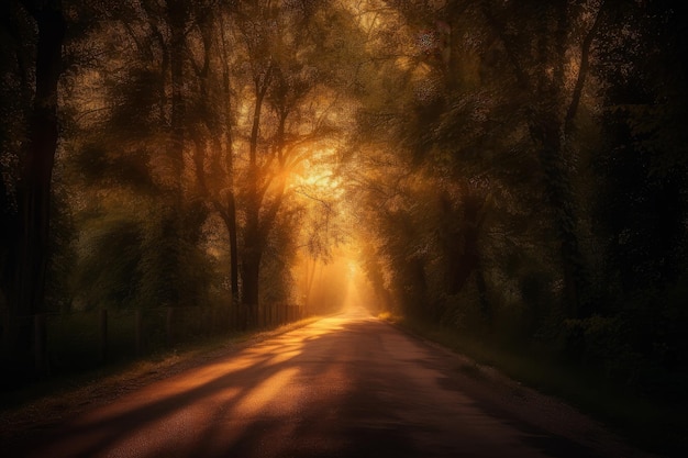 Sunset road forest light Sky nature Generate Ai