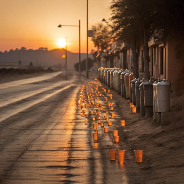 A sunset on the road with lots of empty bucket of water lined on the side of the road