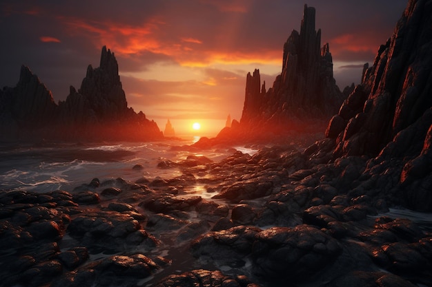 the sunset over a rock formation on the coast in the style of photorealistic landscapes