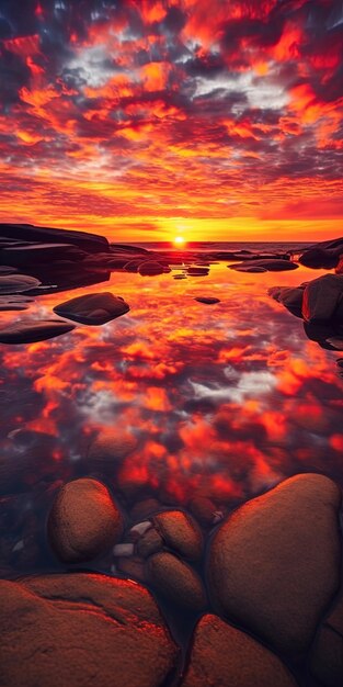 sunset over a rocky beach with rocks and water.