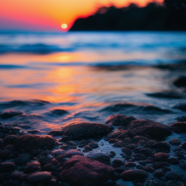 a sunset over a rocky beach with a sunset in the background.