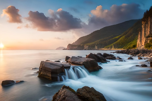 A sunset over a rocky beach with a waterfall flowing over the water.