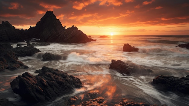 A sunset over a rocky beach