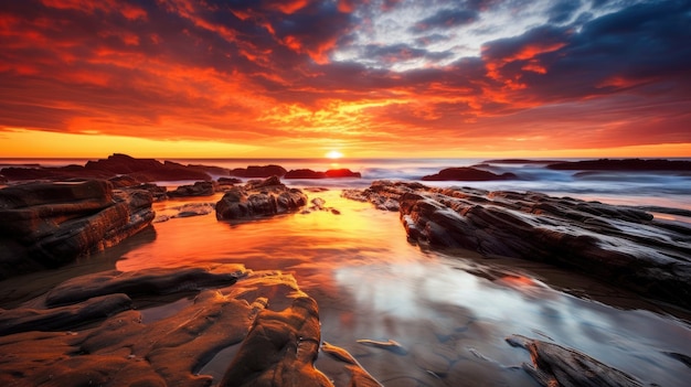 A sunset over a rocky beach