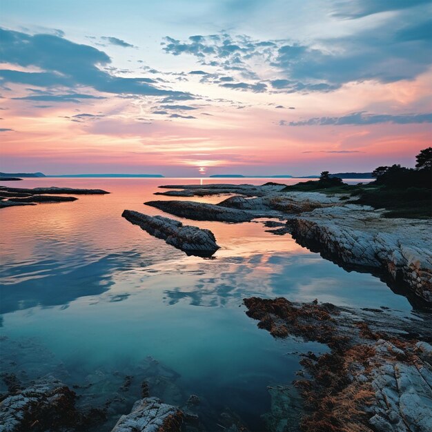 a sunset over a rocky shoreline with a sunset in the background