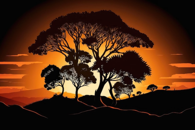 Sunset over rolling hills with silhouetted trees in the foreground created with generative ai