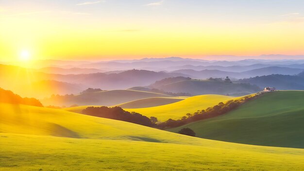 Photo a sunset over a rolling hills with tree ai generated