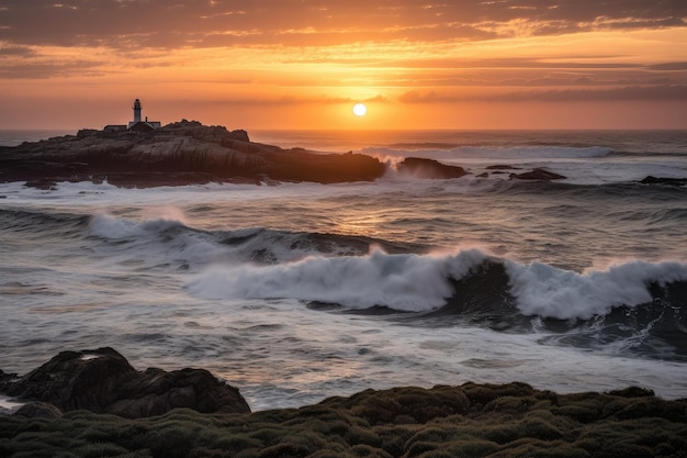 Sunset over rolling waves with lighthouse visible in the distance