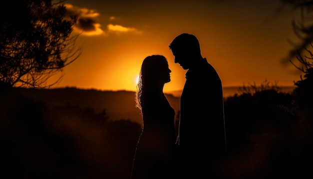 Романтика на закате двух улыбающихся людей, обнимающихся на открытом воздухе, созданная ИИ