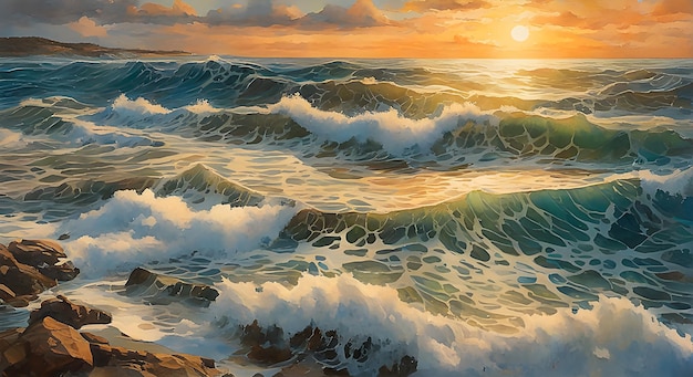 Sunset over a rough sea in painting style