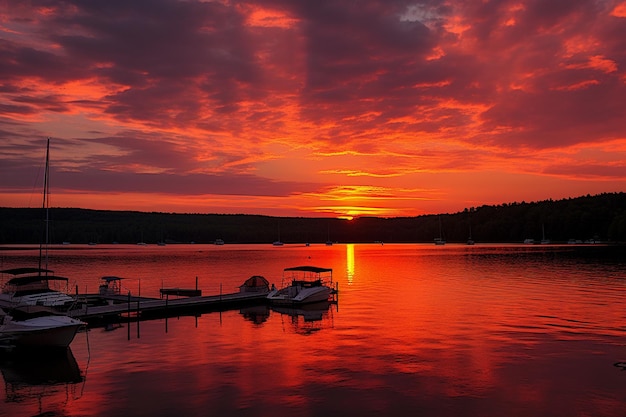 Sunset behind a row of boats docked at a marina