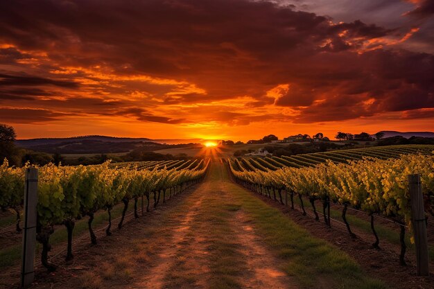 Foto il tramonto su una fila di vigneti con vigne