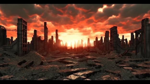 Photo sunset over ruins a glimpse into a dystopian metropolis