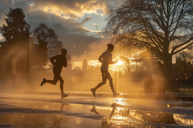 Foto sunset run silhouettes van joggers in misty park