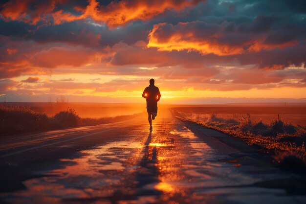 Foto sunset runner atleta in abbigliamento sportivo in silhouette su una strada deserta