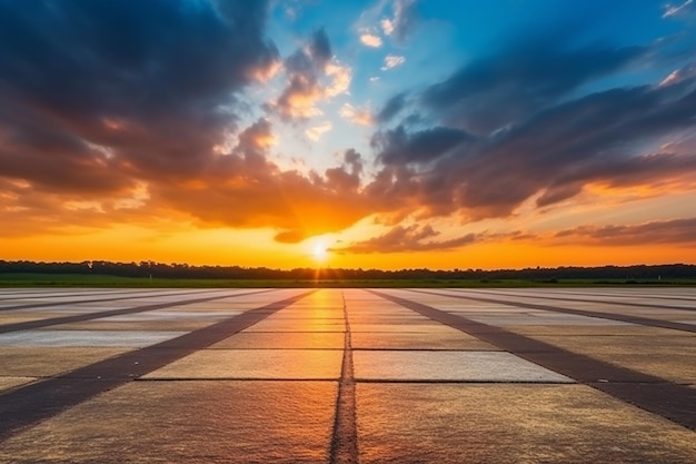 曇り空の滑走路に沈む夕日