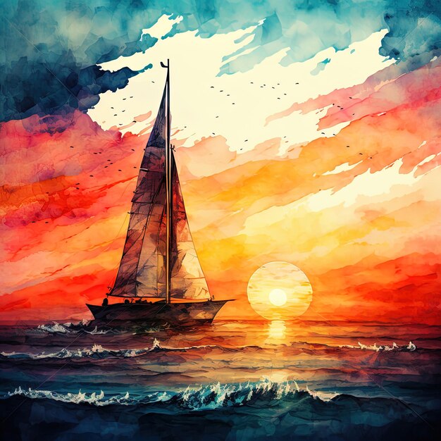 Sunset Sailboat Beautiful Watercolor Style on the Ocean