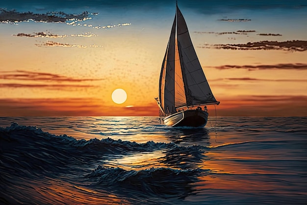 Sunset sailboat cruising on calm ocean with sail unfurled created with generative ai