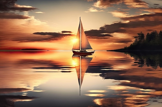 Photo sunset sailboat on crystalclear lake with reflection in the water created with generative ai