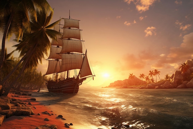 Sunset Sailing around Tropical Beach