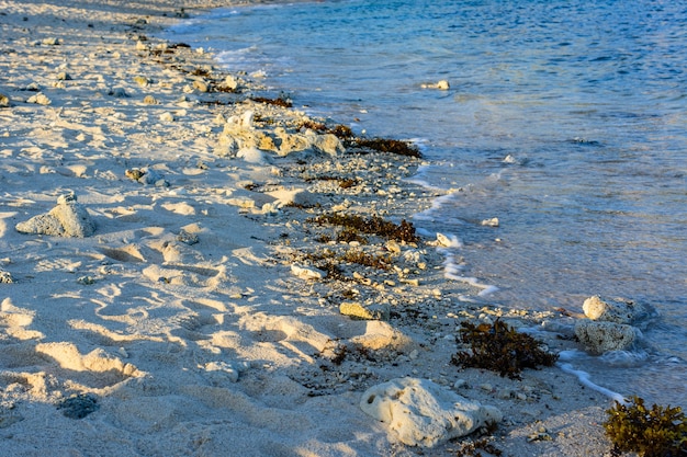 Sunset, sand, clear turquoise sea, coral reefs on the coast of Xiaodonghai Bay in South China Sea. Sanya, island Hainan, China. Nature Landscape.