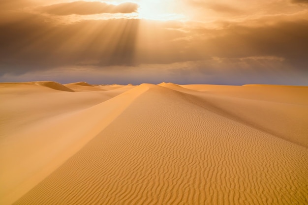 Sunset over the sand dunes in the desert Arid landscape of the Sahara desert