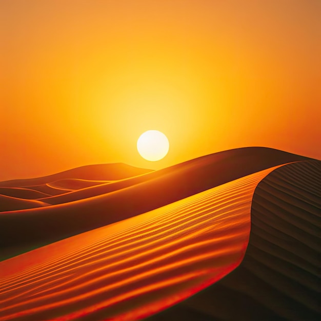 A sunset behind the sand dunes at the desert scene