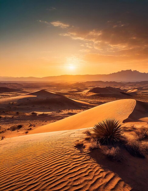 Sunset over sand dunes in the desert