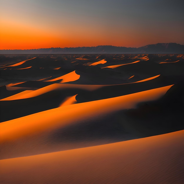 A sunset over the sand dunes in the desert