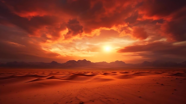 Sunset over the sand dunes with mountains in the background