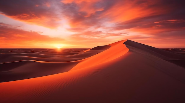 Sunset over sand dunes with a red sunset