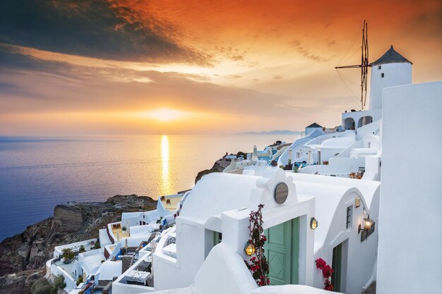 Sunset on Santorini island, Greece. Beautiful landscape with sea view