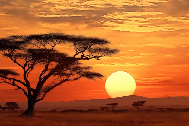Sunset in the savannah with acacia trees African landscape Sunset in the savannah of Africa with acacia trees Safari in Serengeti Tanzania AI Generated