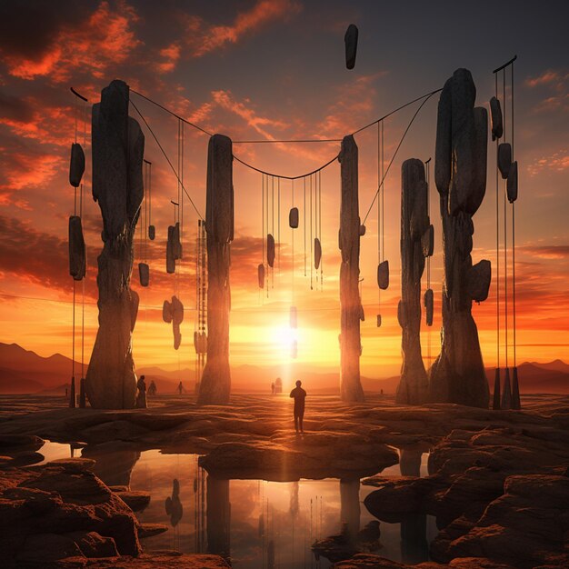 Sunset scene of a man standing in front of a giant structure generative ai