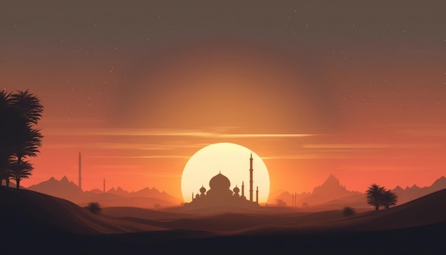 Sunset scene of mosque silhouette on desert Ramadan kareem concept banner