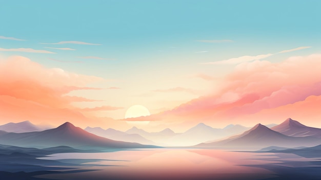 a sunset scene with mountains and a lake