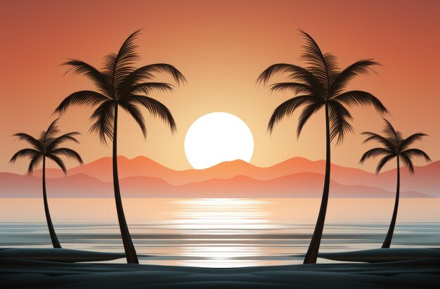 A sunset scene with palm trees on the beach ai