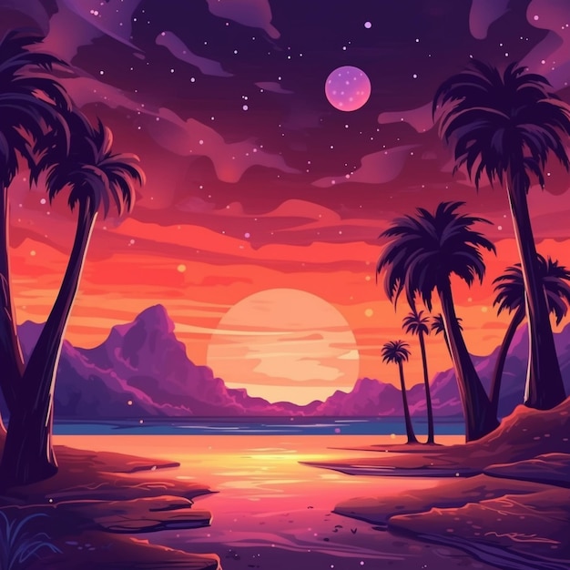 A sunset scene with palm trees and a beach generative ai