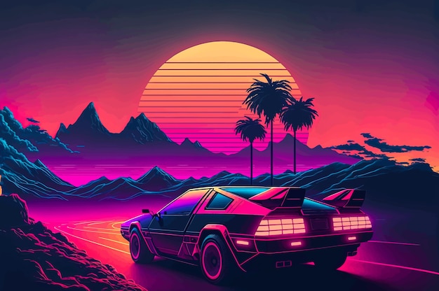 Photo a sunset scene with palm trees and mountains retrowave synthwave