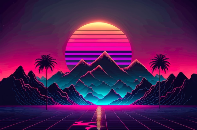 A sunset scene with palm trees and mountains retrowave synthwave